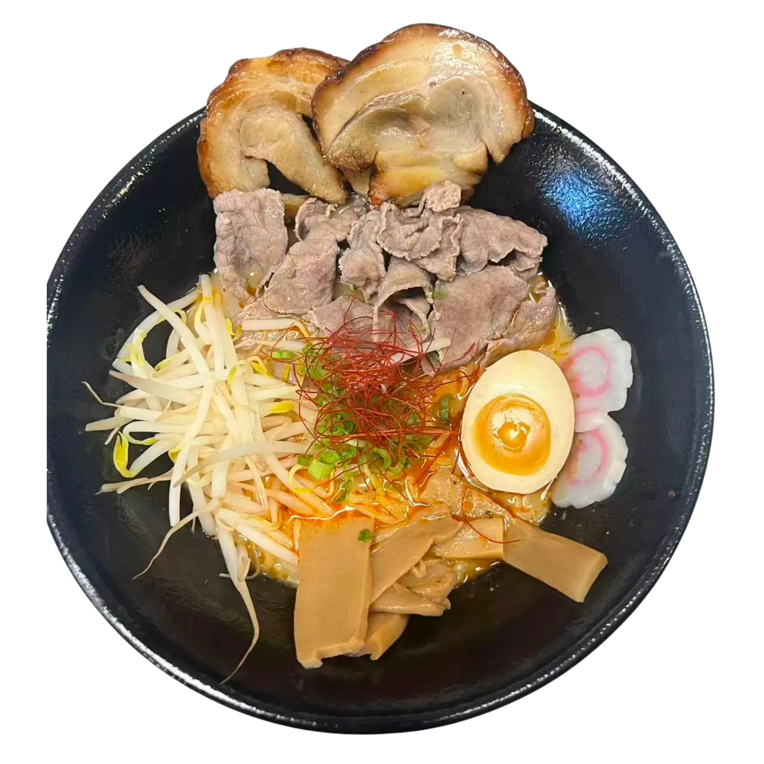 Spicy ramen loaded with pork, beef and soft egg at Hibachi X Ramenn, a Ramene Restaurant in Hicksville